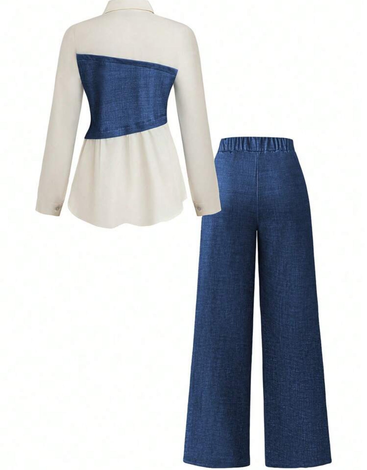 Plus sized two piece color block shirt and wide leg pants