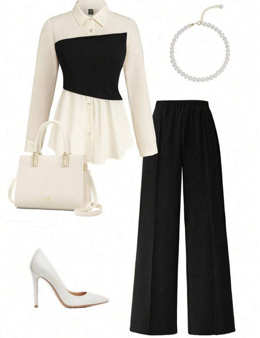 Plus sized two piece color block shirt and wide leg pants