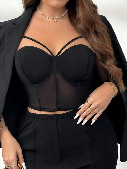 Sexy black solid mesh top