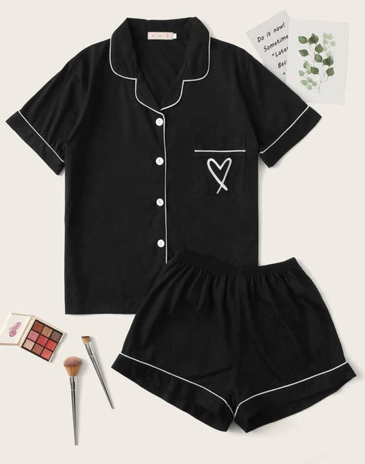Two piece heart embroidery pyjama set